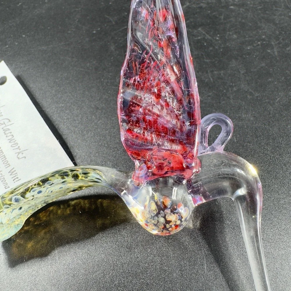 Bandhu Dunham Hand Blown Salusa Glass Christmas Ornament Hummingbird Figure Tag